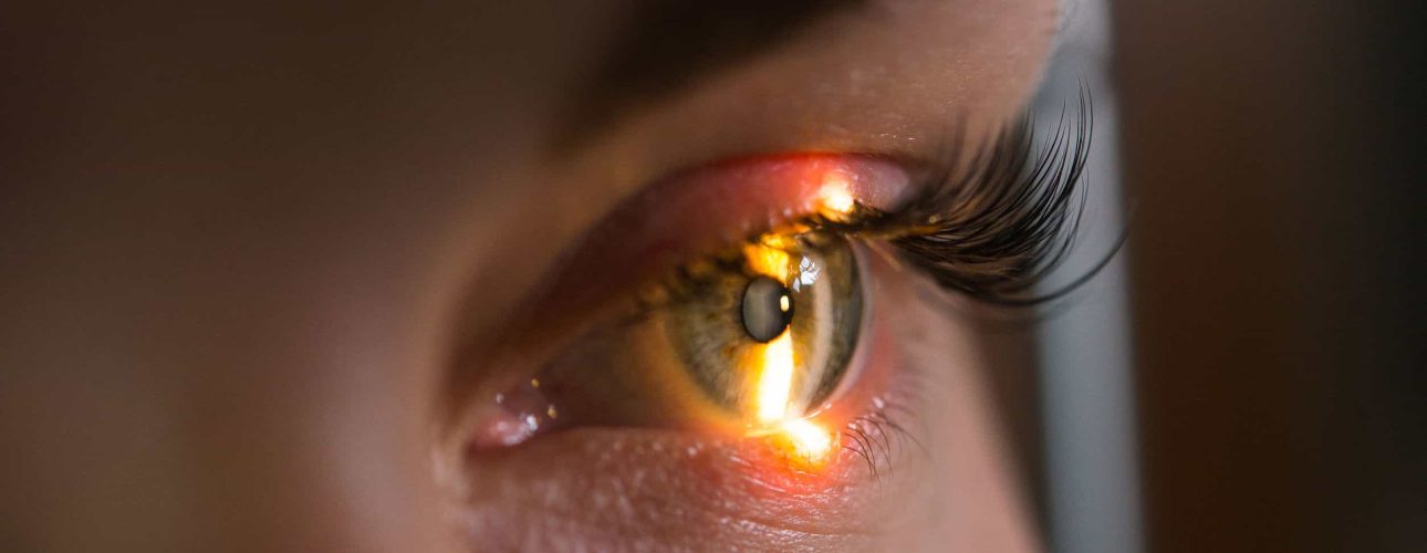 Research and scanning eye, close-up photos, retinal diagnostics in ophthalmology