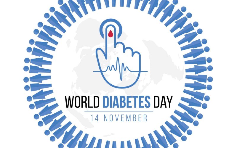 85842257 - world diabetes day awareness with blue human icon circle and  blood drop on hand for blood sugar level and  wave pulse sign on map world vector design