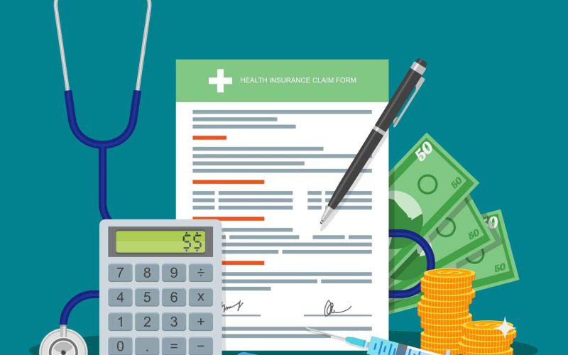 Health insurance form concept vector illustration. Filling medical documents. Stethoscope, syringe.